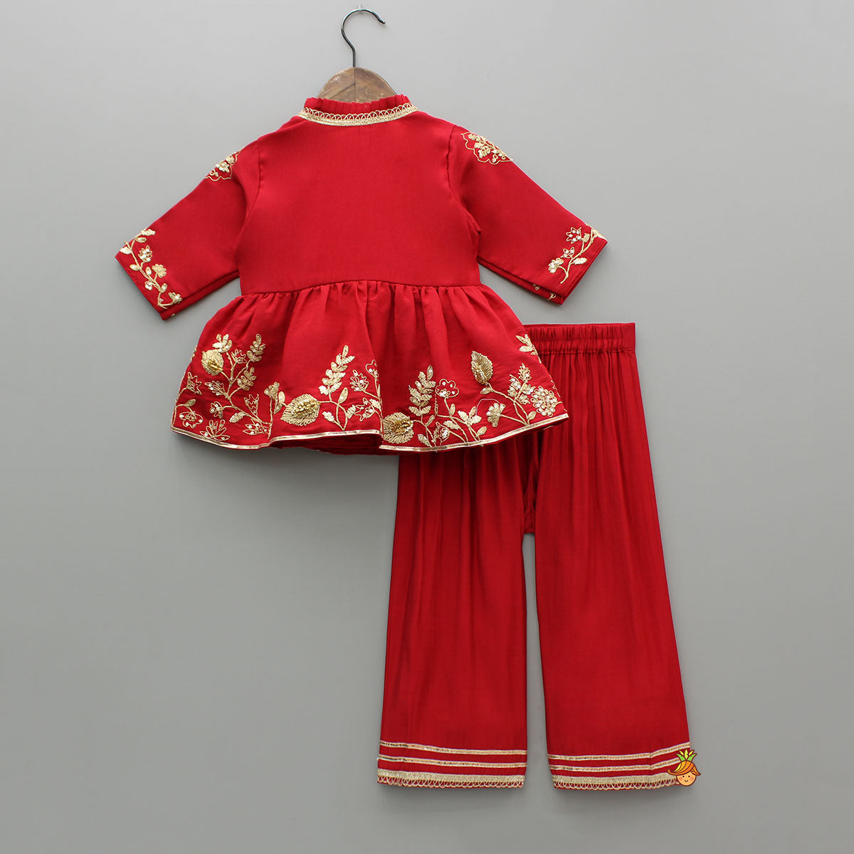 Red Angarkha Style Embroidered Peplum Kurti And Pant