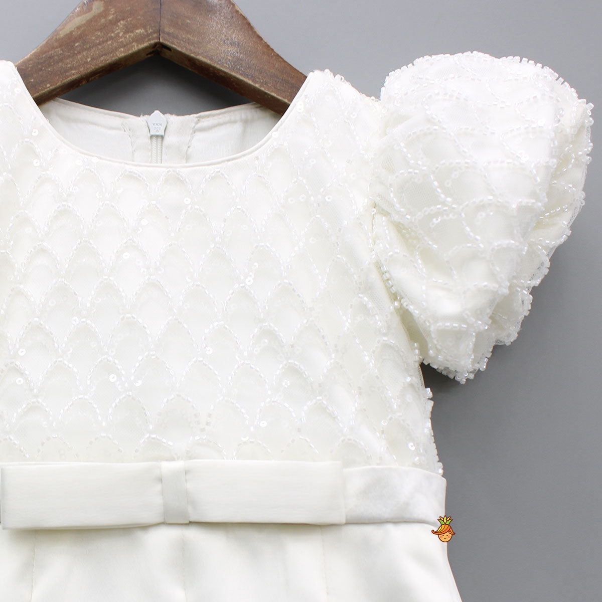 Beaded Puff Sleeve Sequin Dress With Matching Bow Hair Clip And Gloves