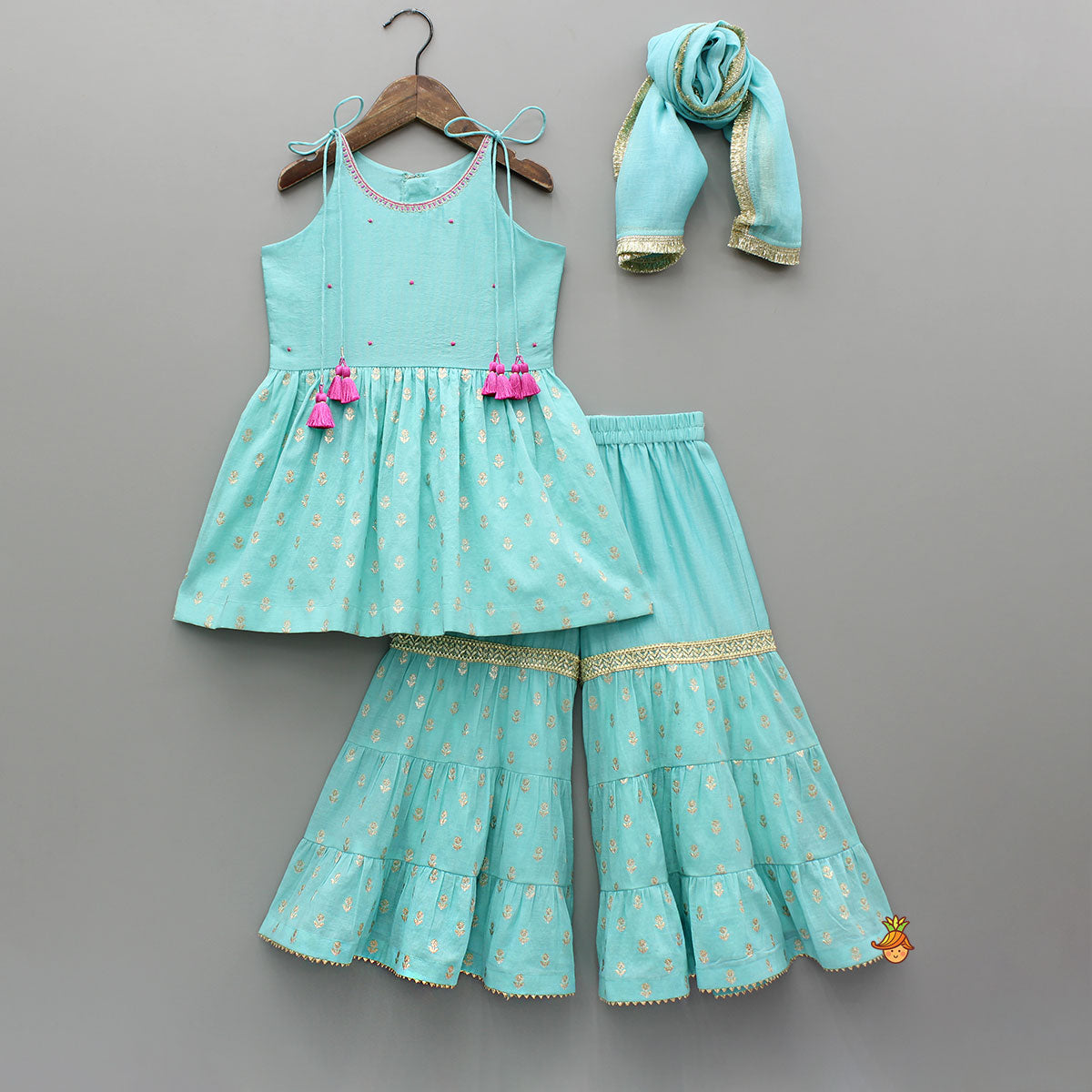 Blue Embroidered Strappy Kurti And Tiered Sharara With Dupatta