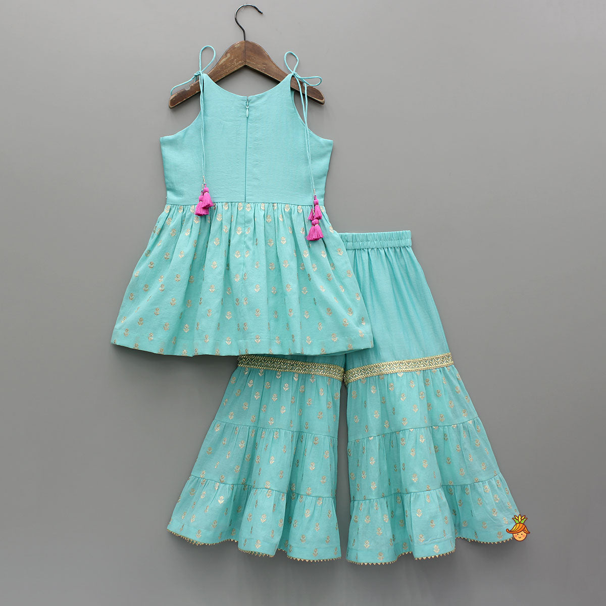 Blue Embroidered Strappy Kurti And Tiered Sharara With Dupatta