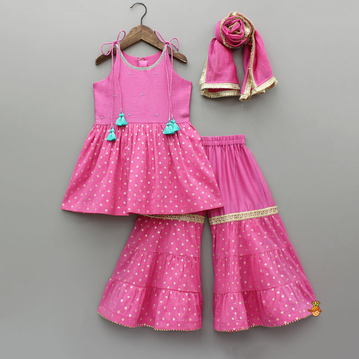 Pink Embroidered Strappy Kurti And Tiered Sharara With Dupatta