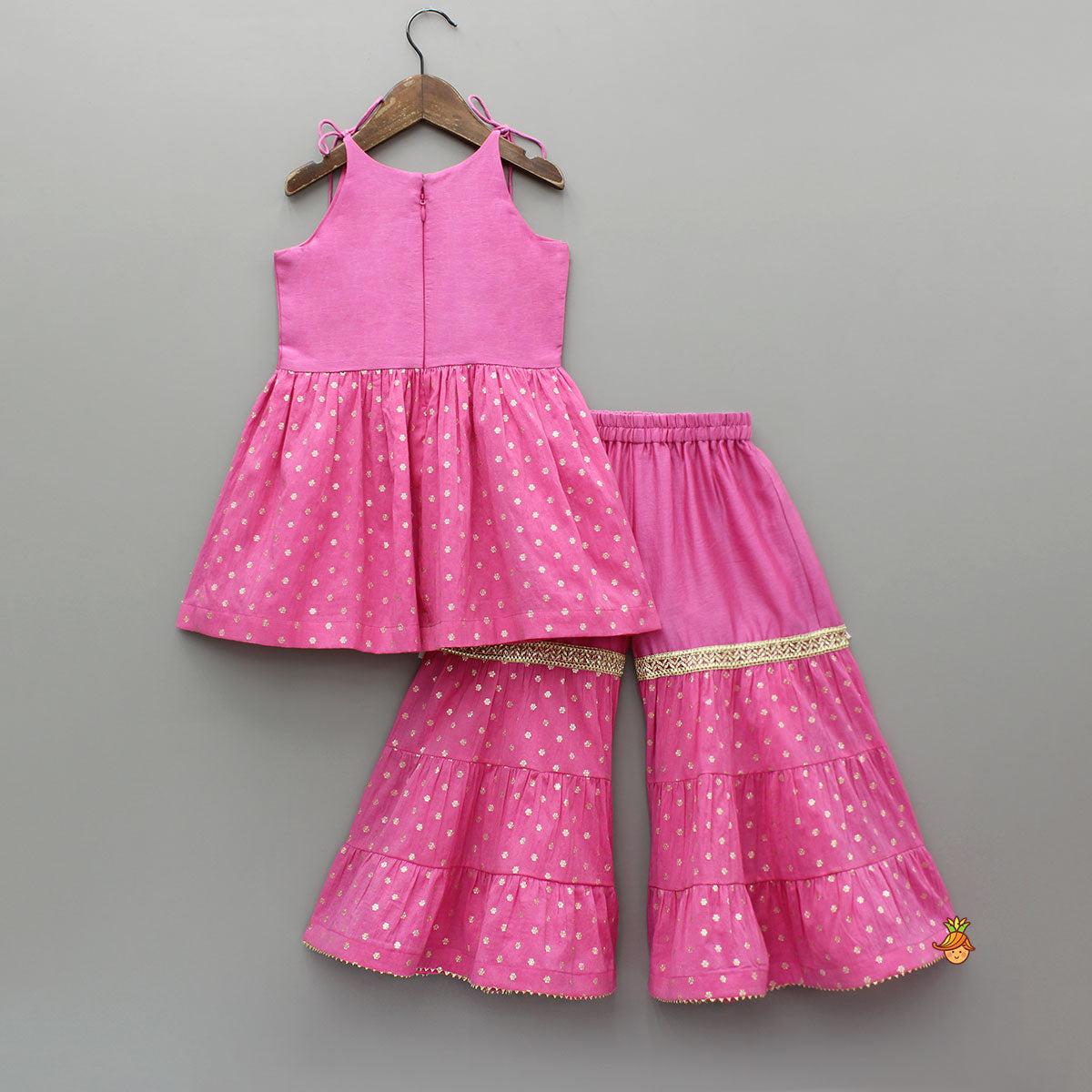 Pink Embroidered Strappy Kurti And Tiered Sharara With Dupatta