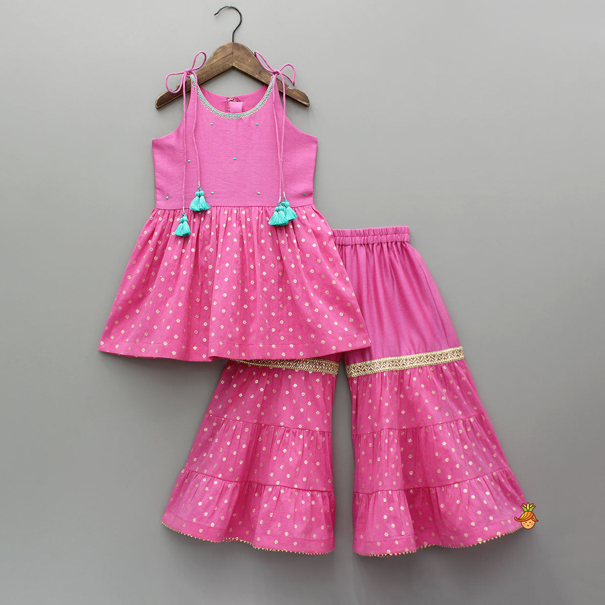 Pink Embroidered Strappy Kurti And Tiered Sharara With Dupatta