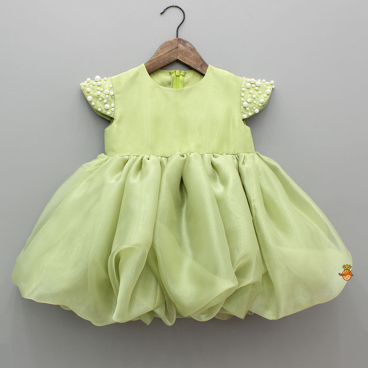 Green Embellished Dress With Detachable Bow