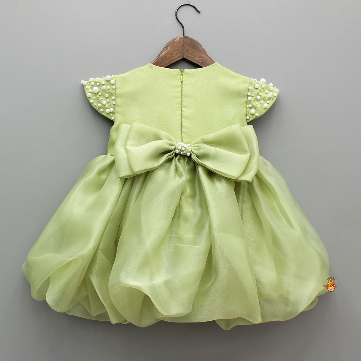 Green Embellished Dress With Detachable Bow