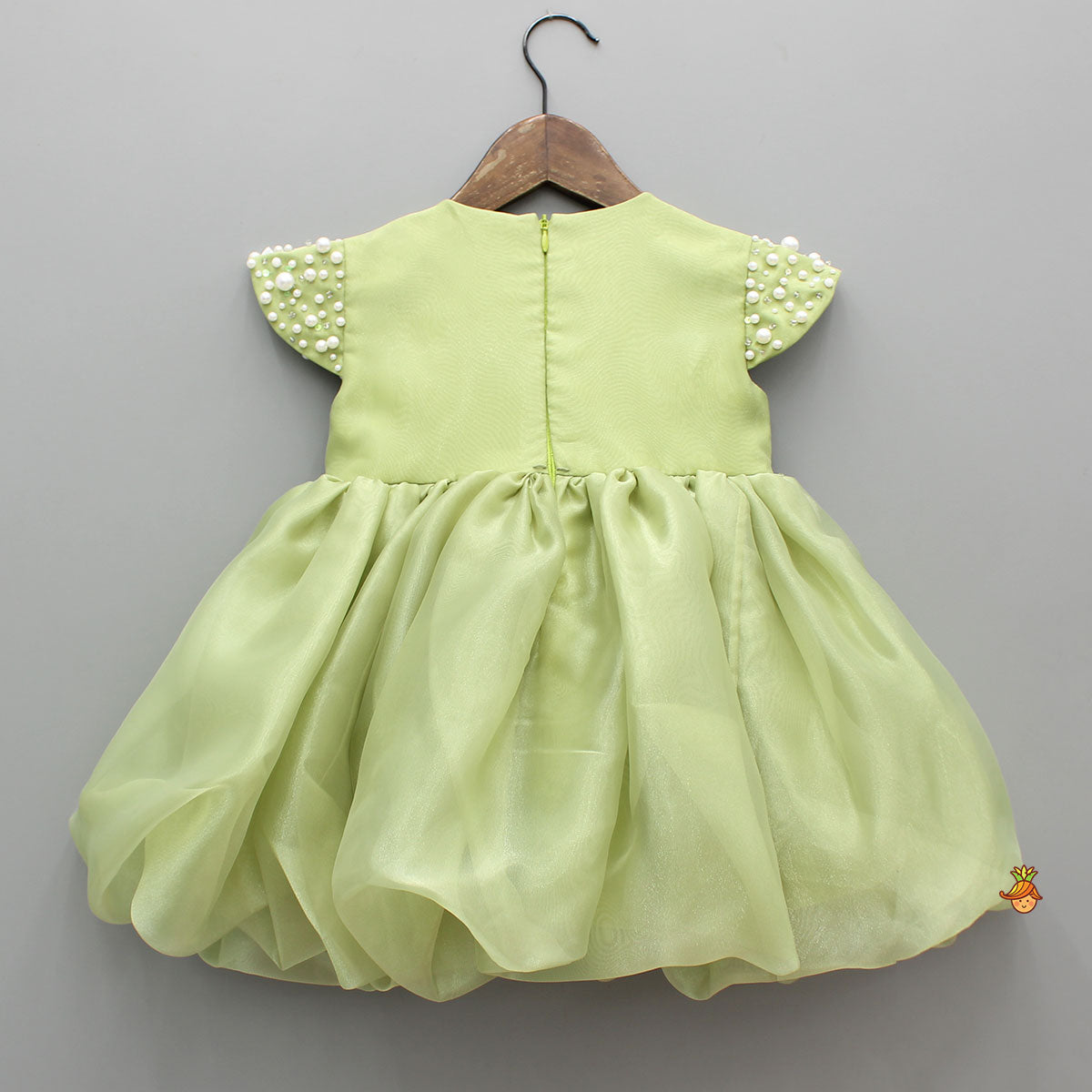 Green Embellished Dress With Detachable Bow