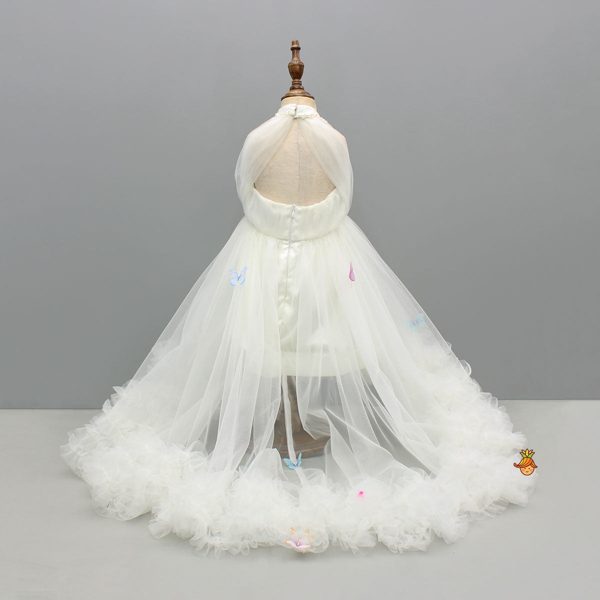 Off White Halter Neck Embellished Trail Dress With Sling Bag