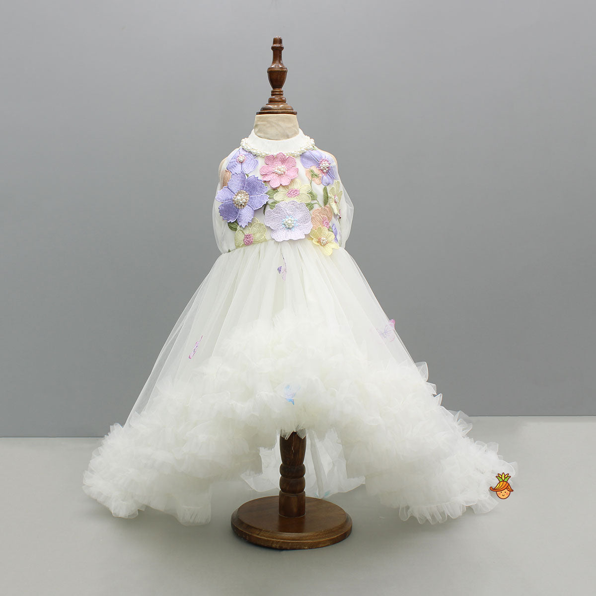 Off White Halter Neck Embellished Trail Dress With Sling Bag