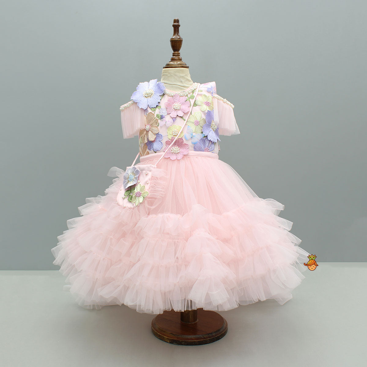 Peach Embellished Detachable Trail Dress And Bow With Sling Bag