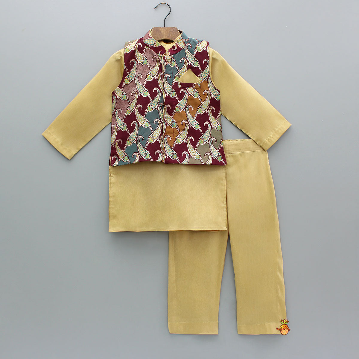 Golden Kurta With Multicolor Brocade Jacket And Pyjama