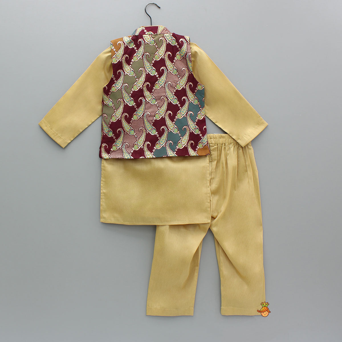 Golden Kurta With Multicolor Brocade Jacket And Pyjama
