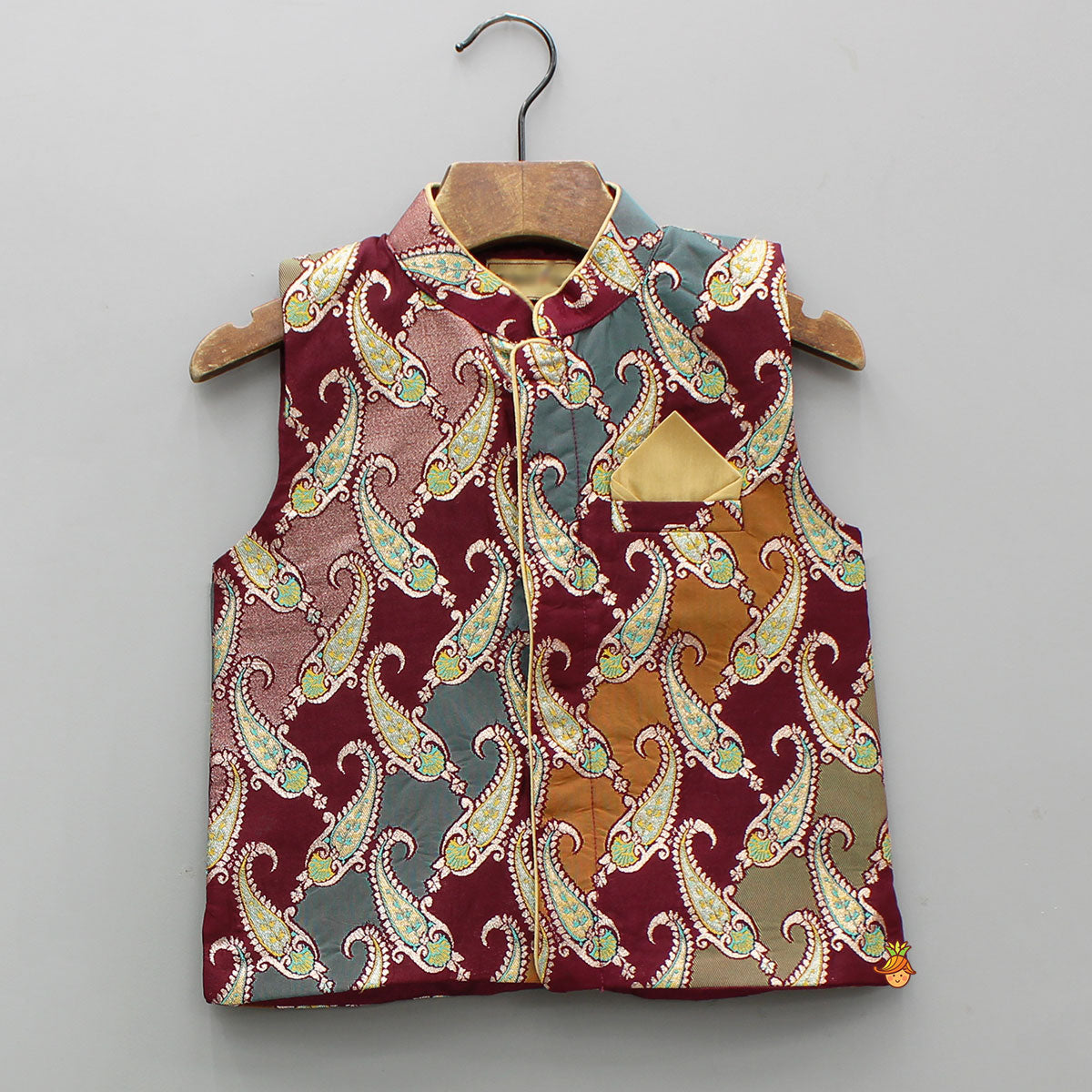 Golden Kurta With Multicolor Brocade Jacket And Pyjama