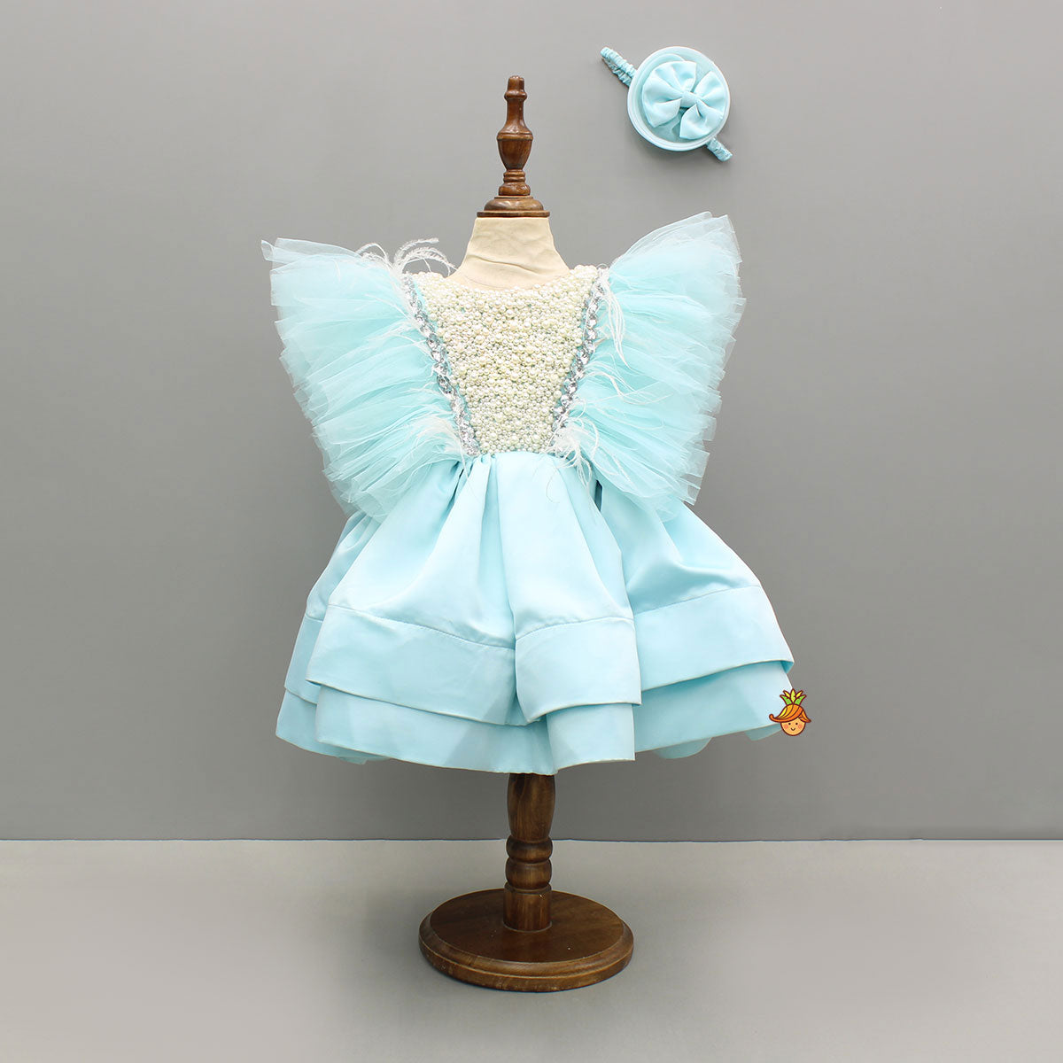 Blue Embellished Frilly Layered Dress With Detachable Bow And Swirled Bow Headband