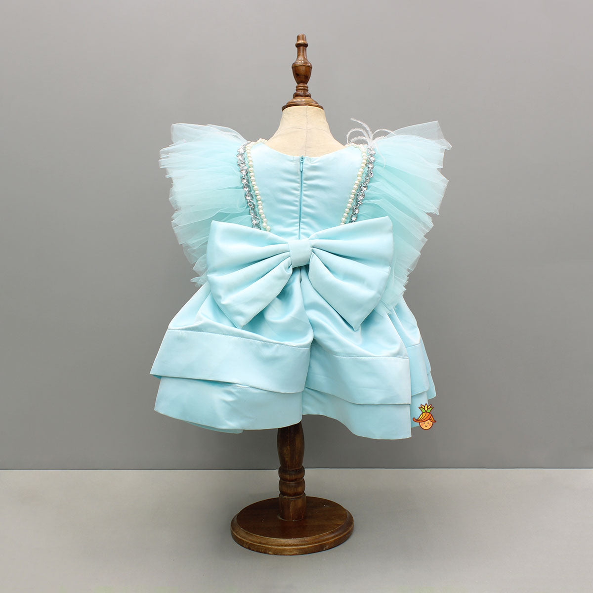Blue Embellished Frilly Layered Dress With Detachable Bow And Swirled Bow Headband