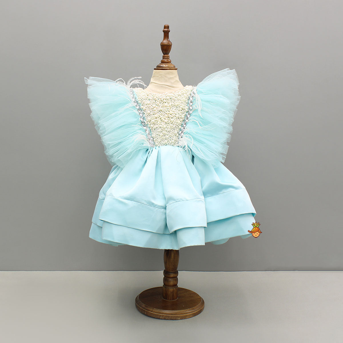 Blue Embellished Frilly Layered Dress With Detachable Bow And Swirled Bow Headband