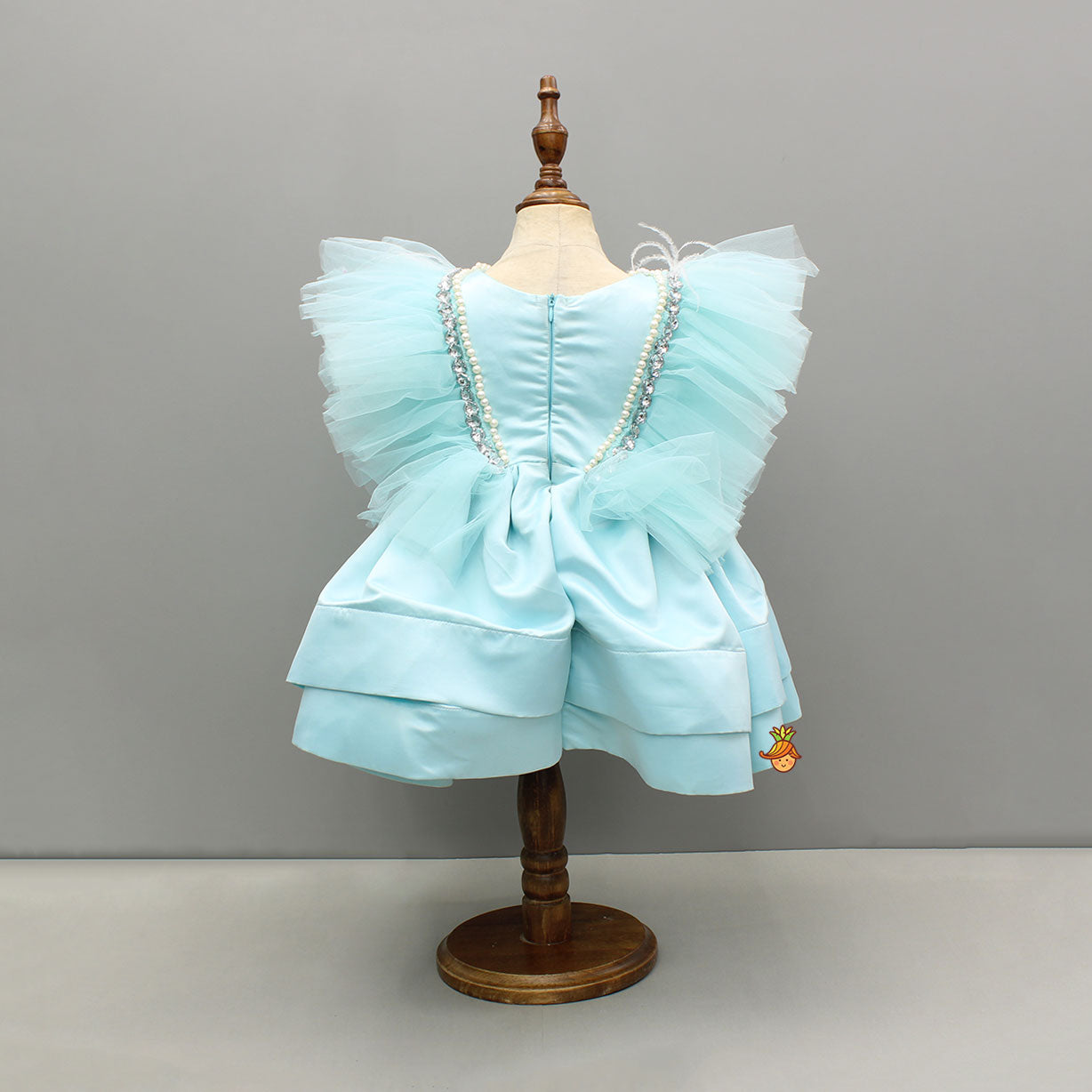 Blue Embellished Frilly Layered Dress With Detachable Bow And Swirled Bow Headband