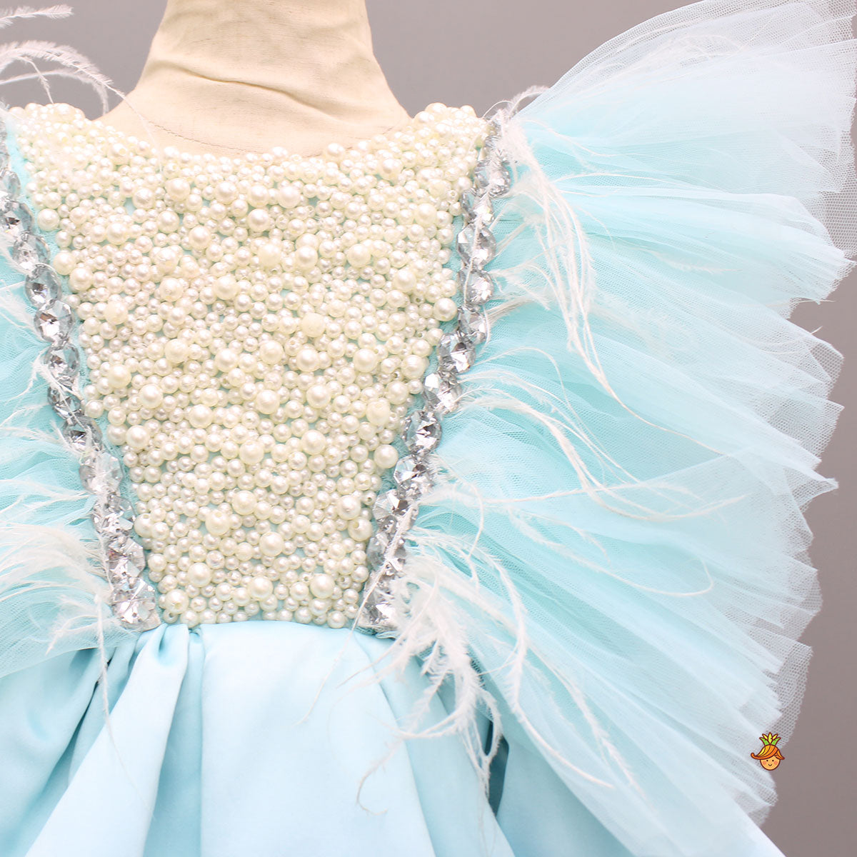 Blue Embellished Frilly Layered Dress With Detachable Bow And Swirled Bow Headband