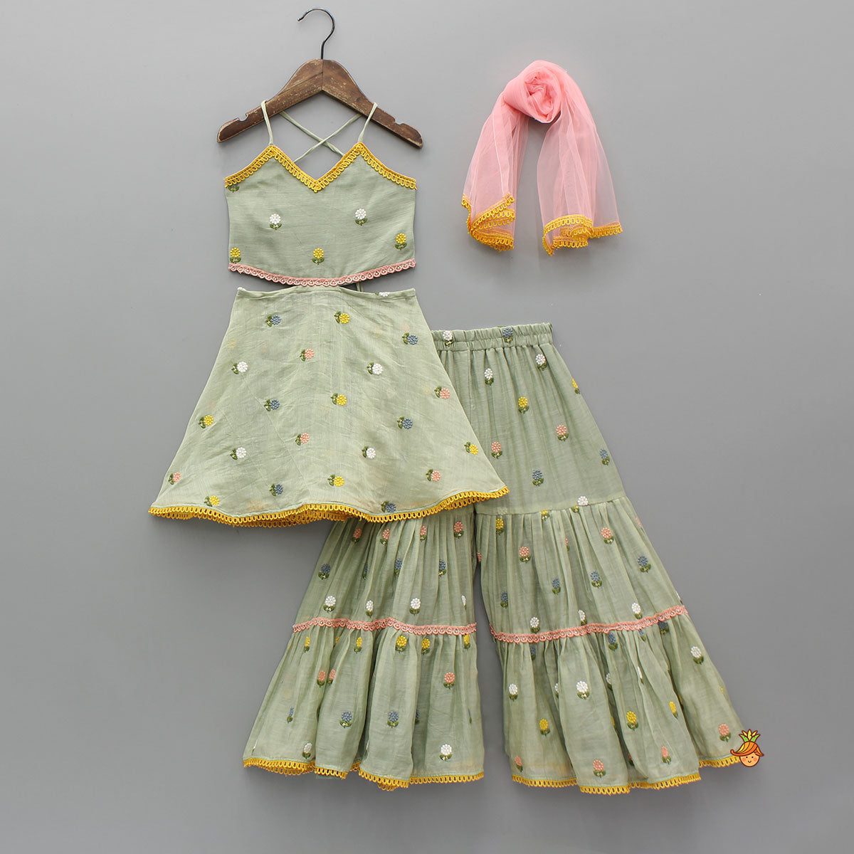 Green Floral Embroidered Stylish Backless Kurti With Sharara And Dupatta