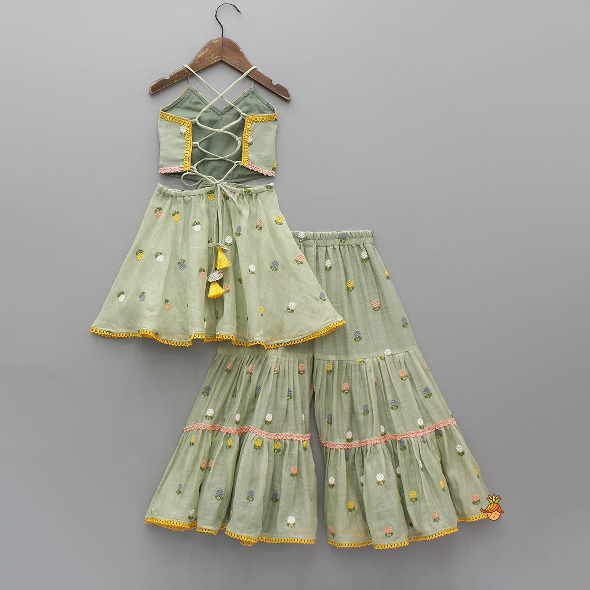 Green Floral Embroidered Stylish Backless Kurti With Sharara And Dupatta