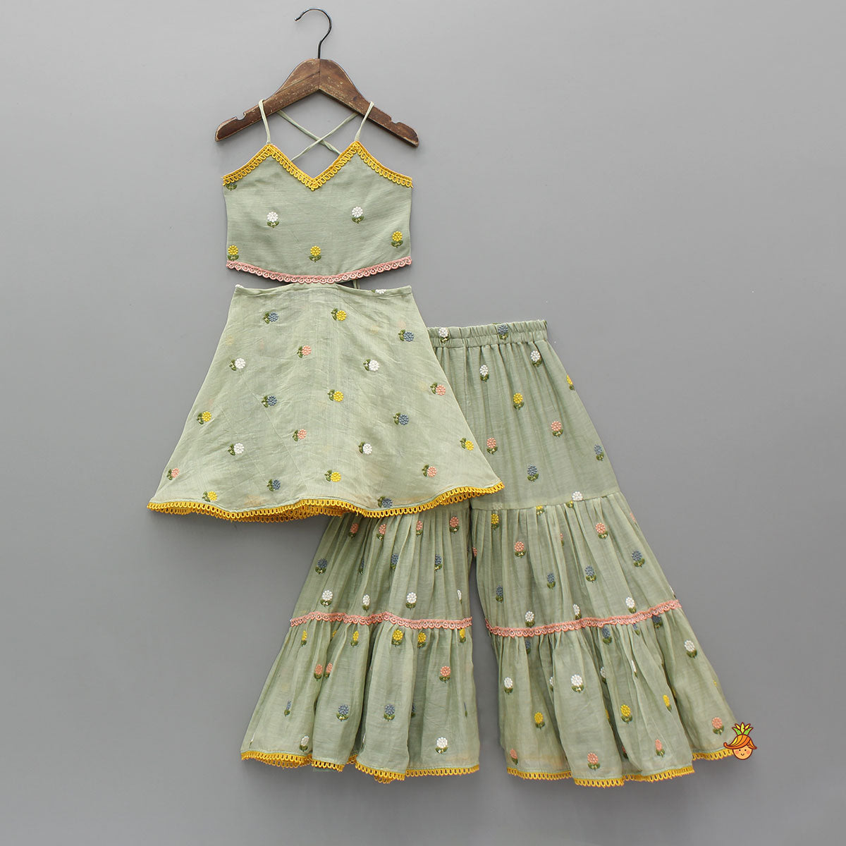 Green Floral Embroidered Stylish Backless Kurti With Sharara And Dupatta