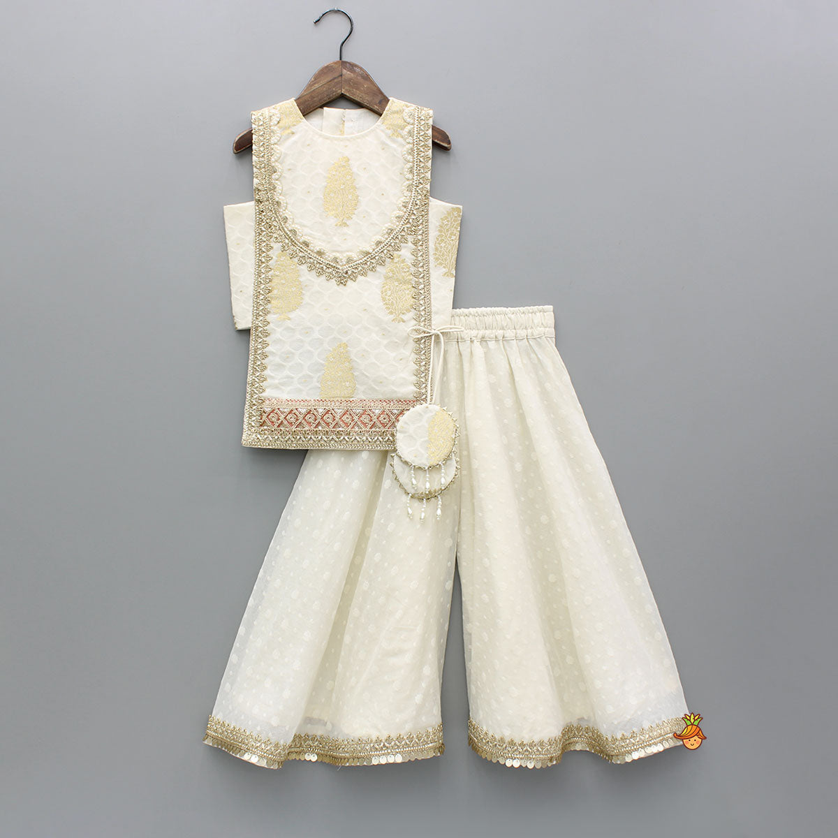 Off White Embroidered Embellished Top And Palazzo