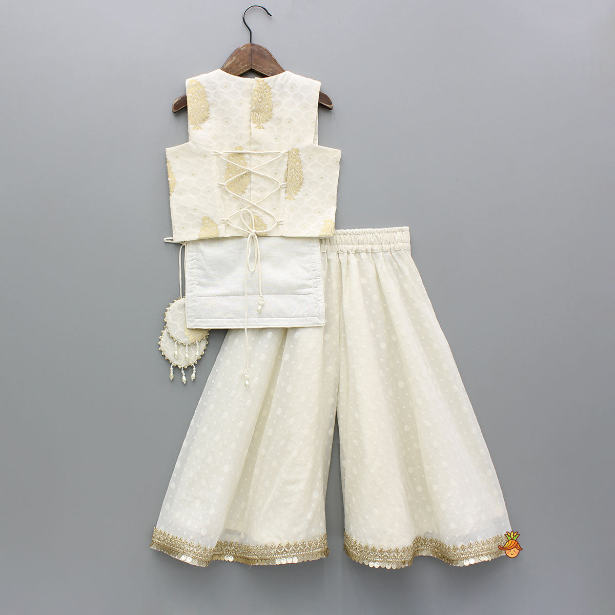 Off White Embroidered Embellished Top And Palazzo