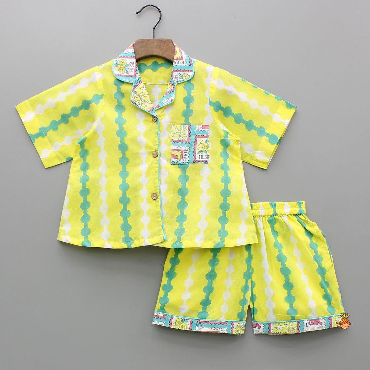 Hand Block Printed Notch Collar Top And Shorts