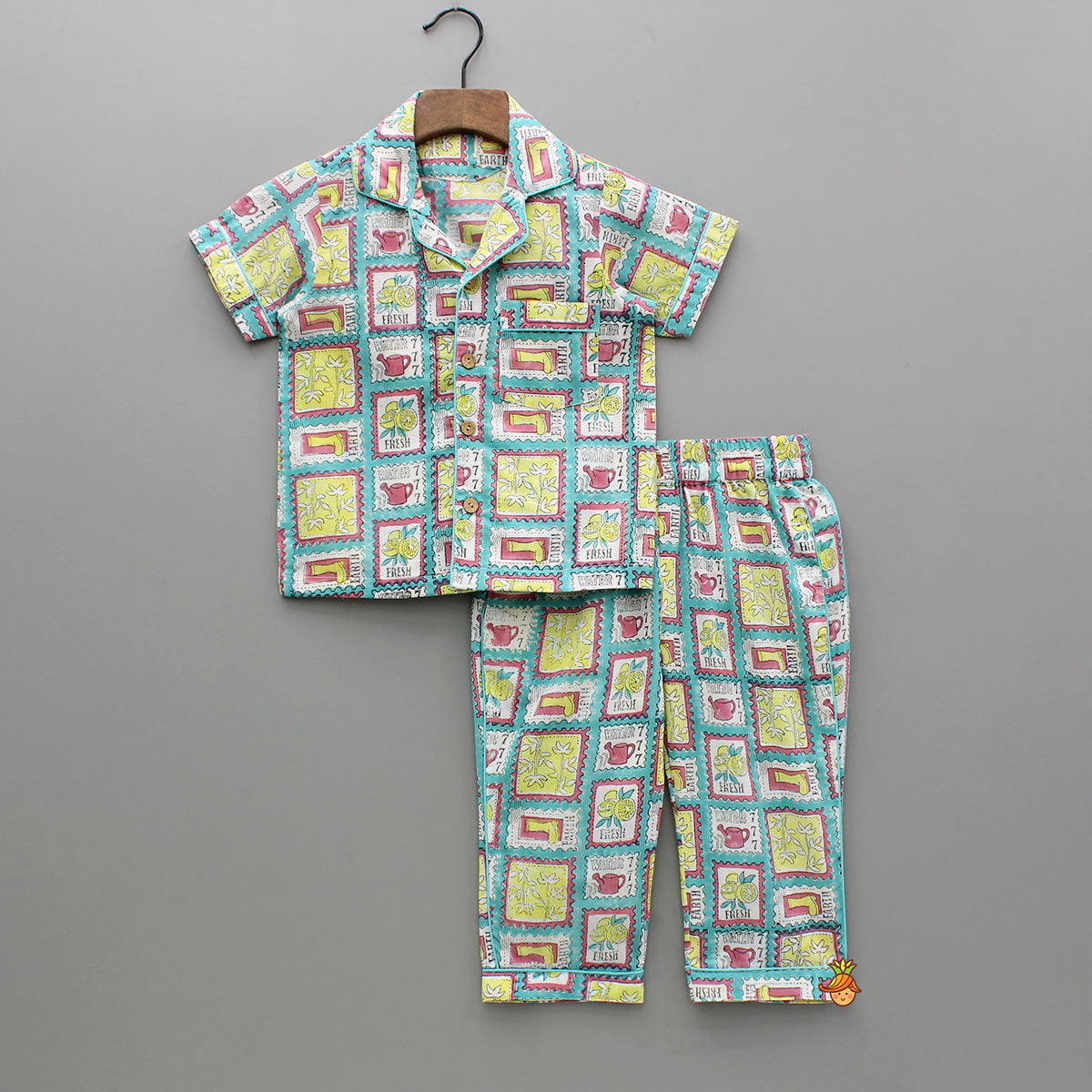 Hand Block Printed Multicolour Notch Collar Top And Pyjama