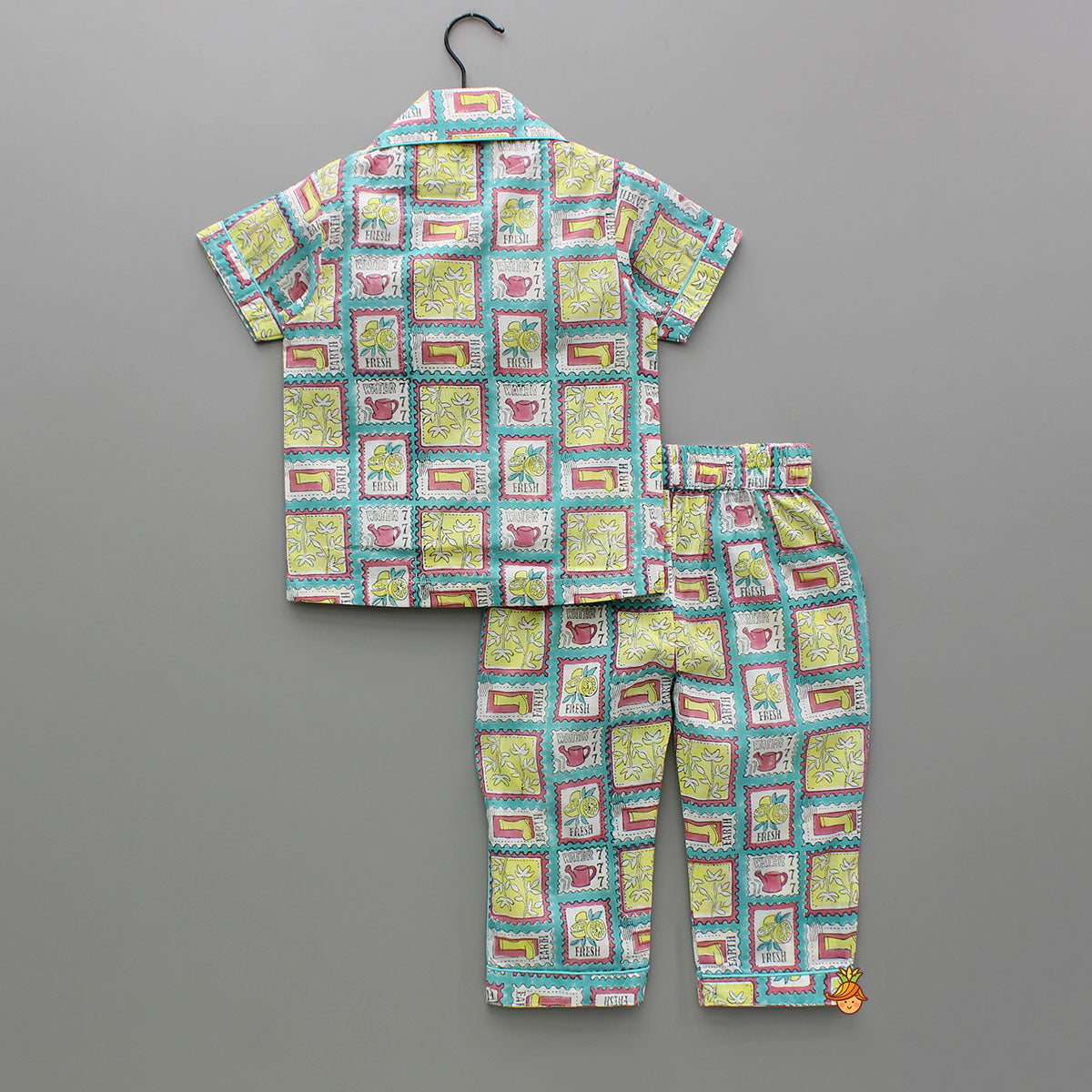 Hand Block Printed Multicolour Notch Collar Top And Pyjama