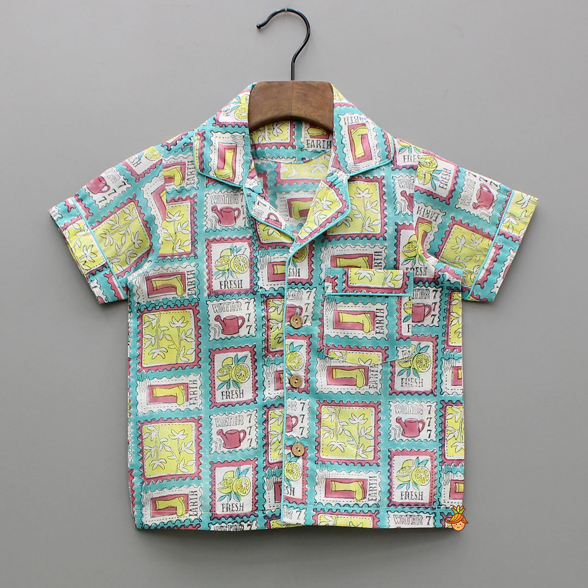 Hand Block Printed Multicolour Notch Collar Top And Pyjama