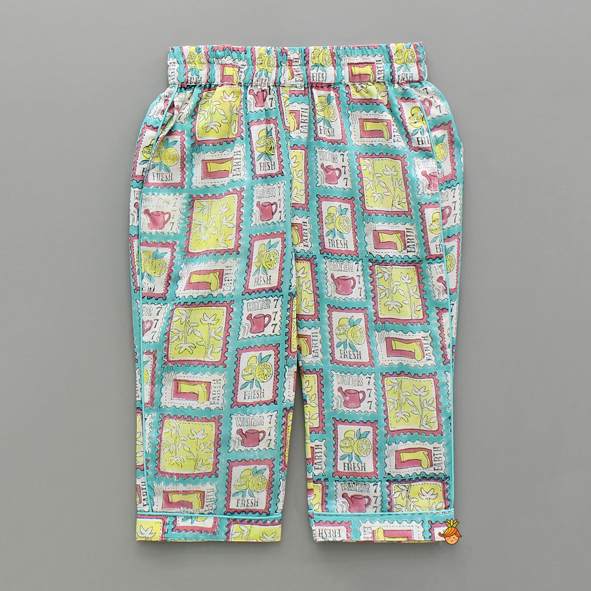 Hand Block Printed Multicolour Notch Collar Top And Pyjama