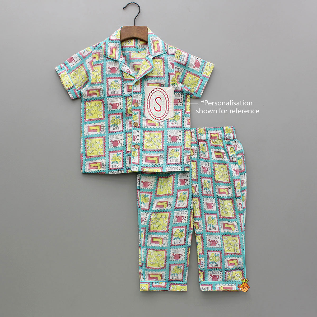 Hand Block Printed Multicolour Notch Collar Top And Pyjama