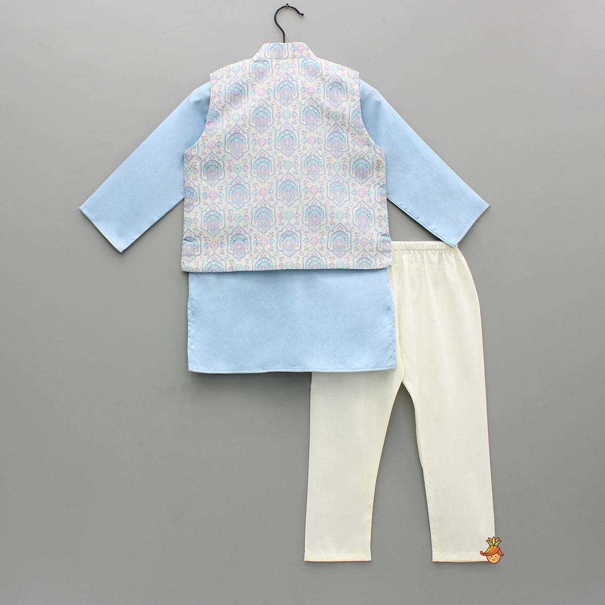 Blue Kurta With Printed Embroidered Jacket And Pyjama