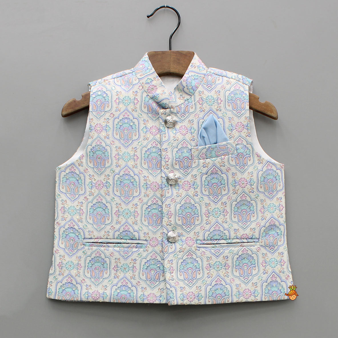 Blue Kurta With Printed Embroidered Jacket And Pyjama