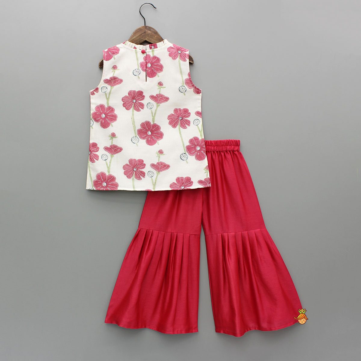 Cream Floral Hand Block Printed Top And Sharara