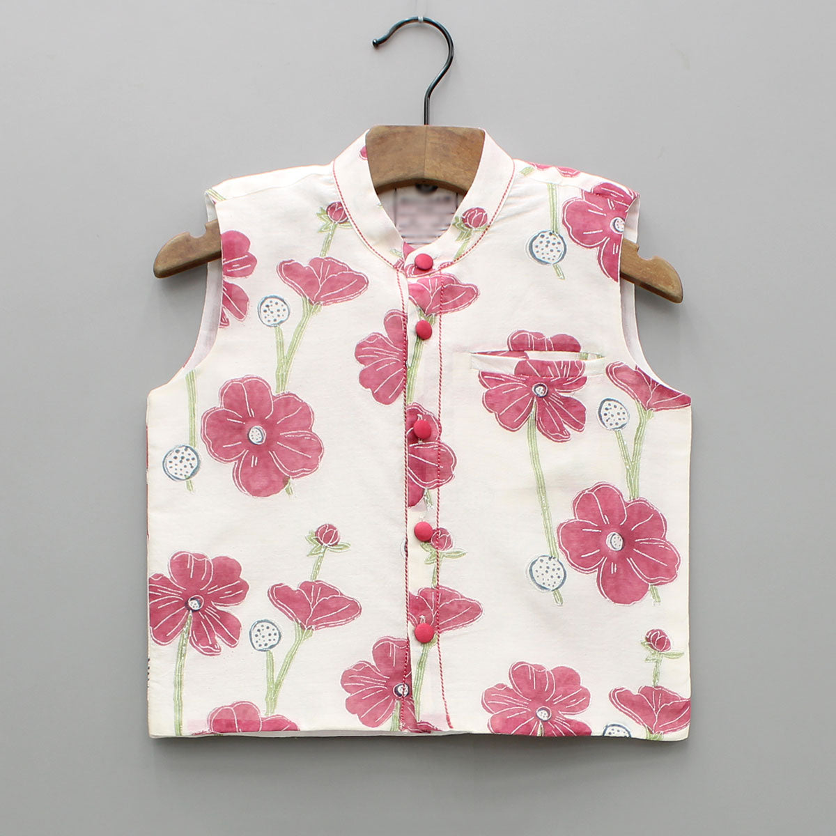 Cream Kurta And Floral Hand Block Printed Jacket With Pyjama