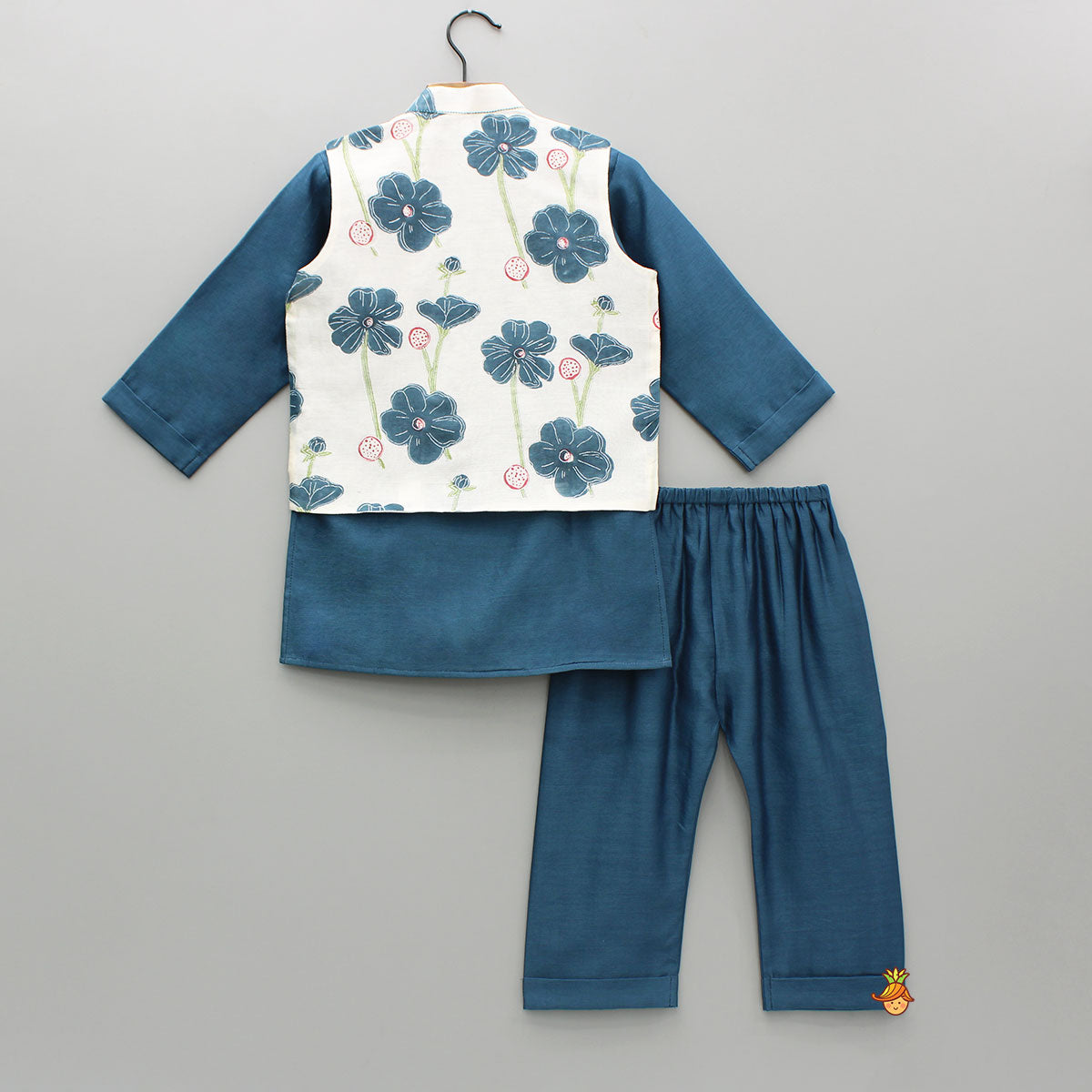 Blue Kurta And Floral Hand Block Printed Jacket And Pyjama