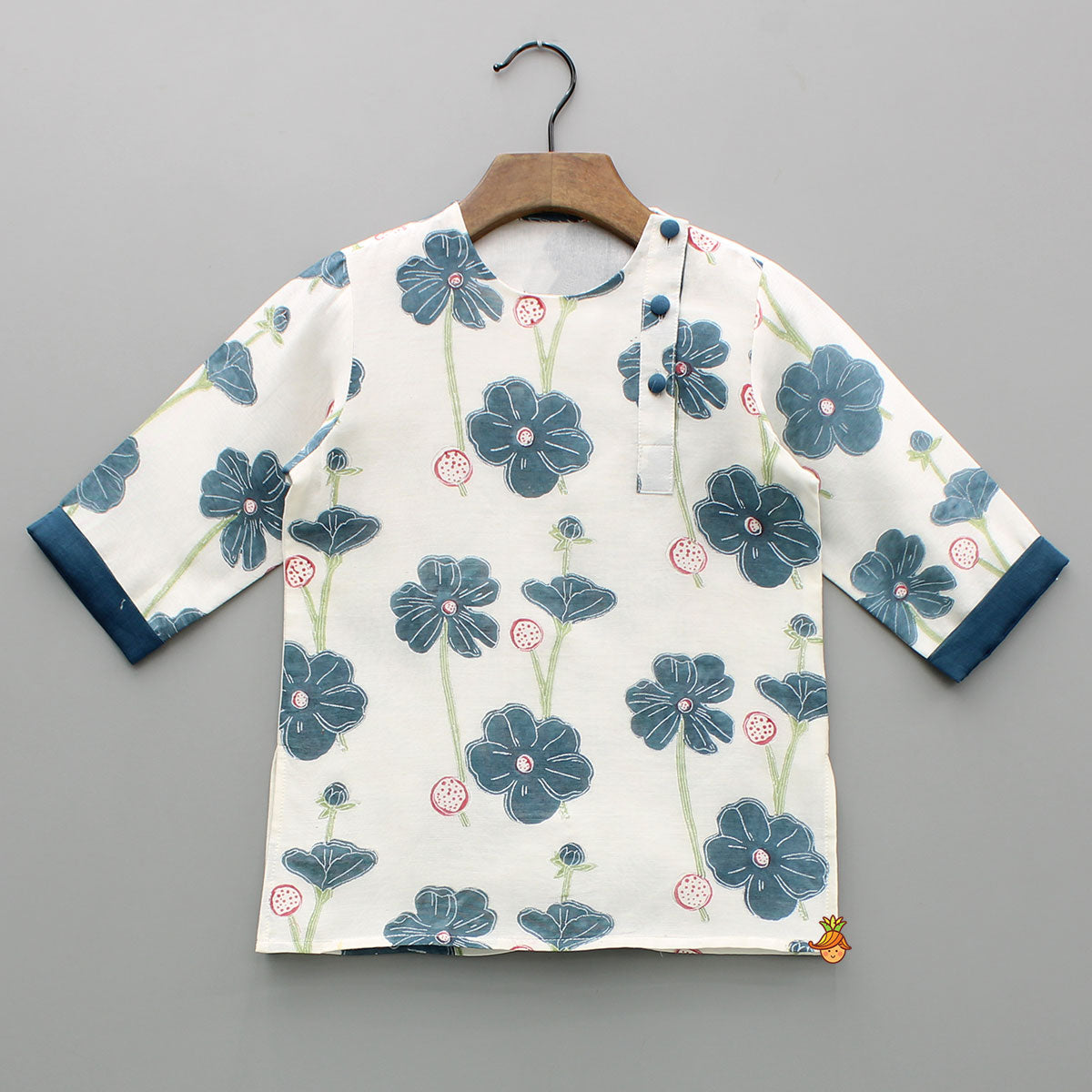 Cream Floral Hand Block Printed Kurta And Pyjama