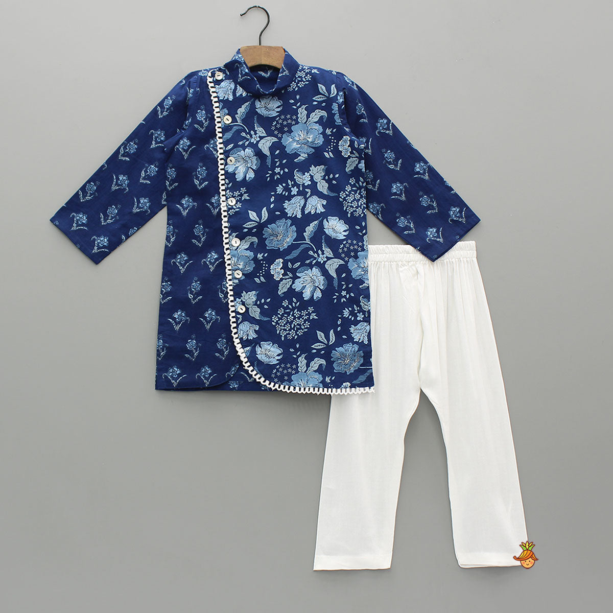 Blue Printed Asymmetric Kurta And Pyjama