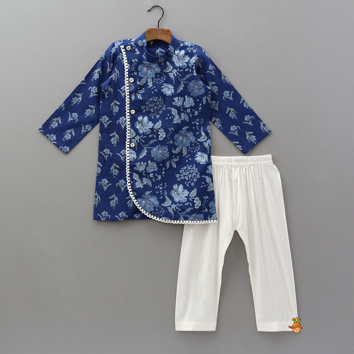 Blue Printed Asymmetric Kurta And Pyjama