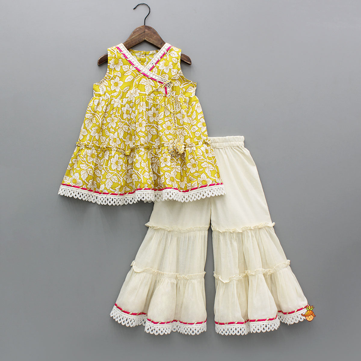 Yellow Floral Printed Top And Tiered Sharara