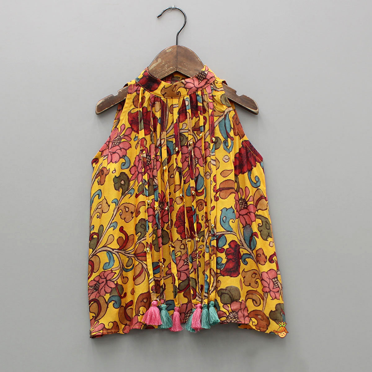 Dangling Strings Tassels Neckline Multicolour Printed Top And Sharara