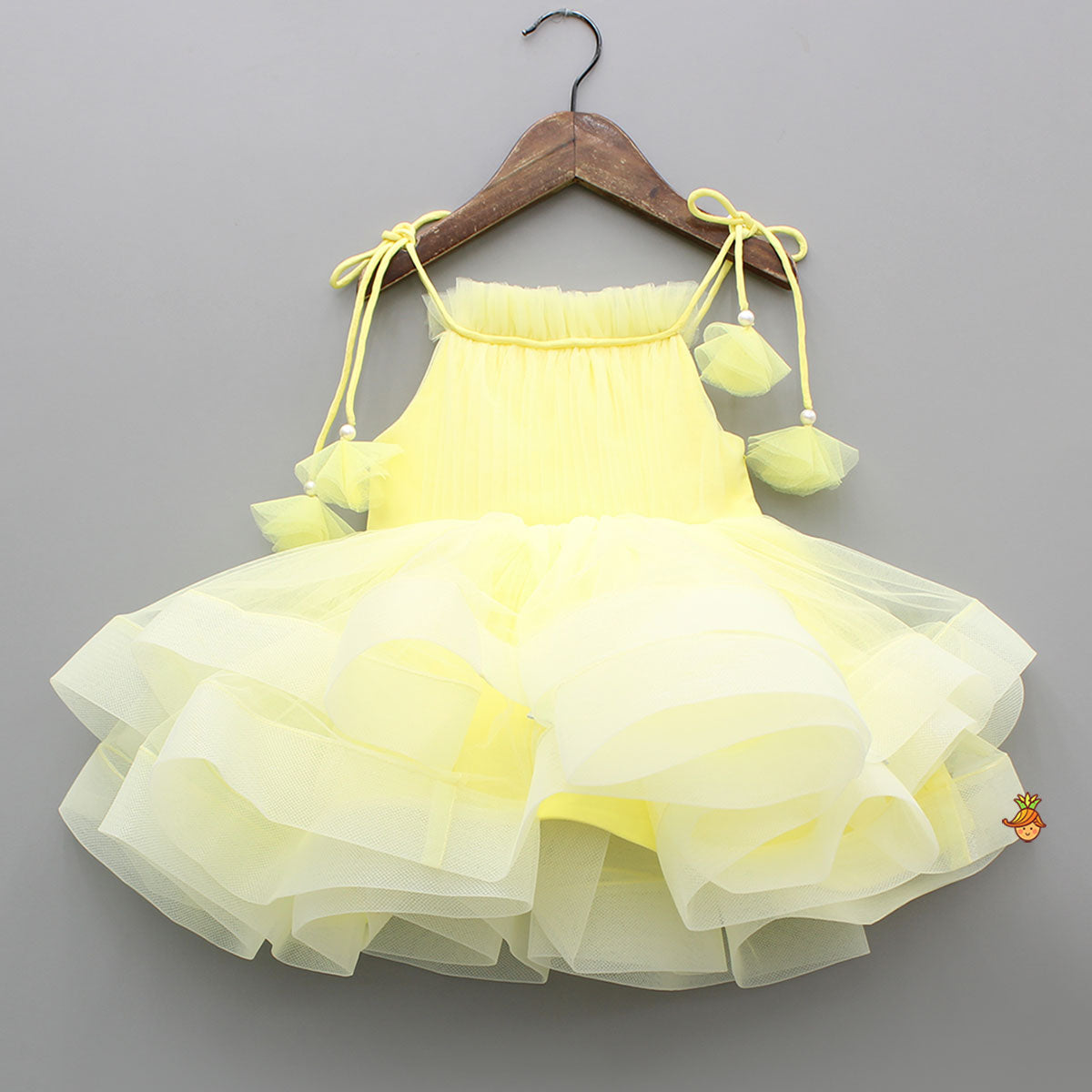 Yellow Layered Dress With Tie Up Shoulder Straps