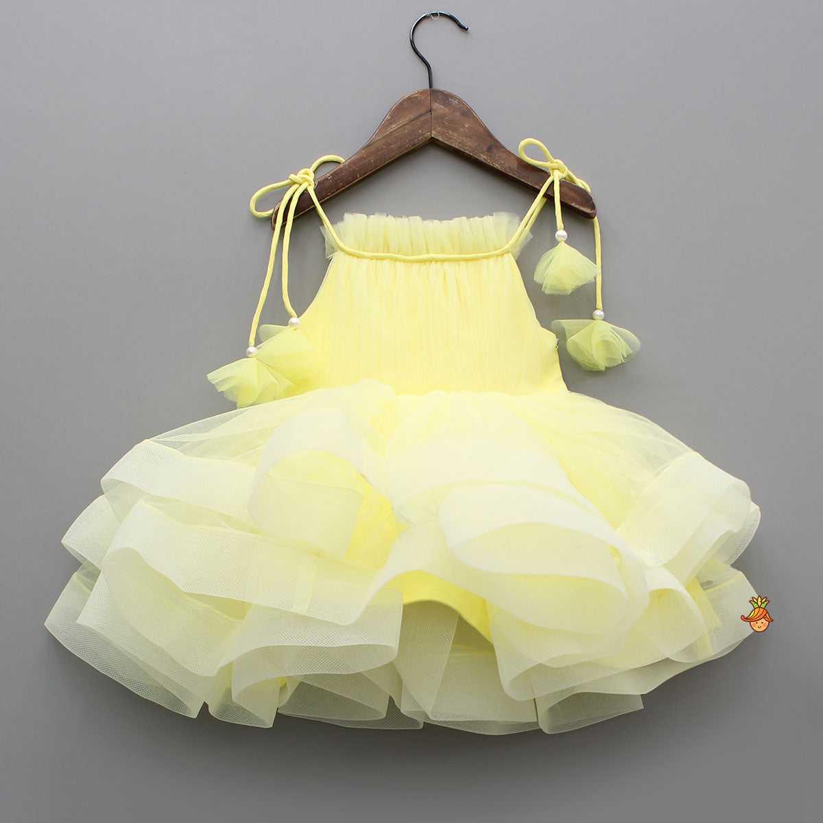Yellow Layered Dress With Tie Up Shoulder Straps