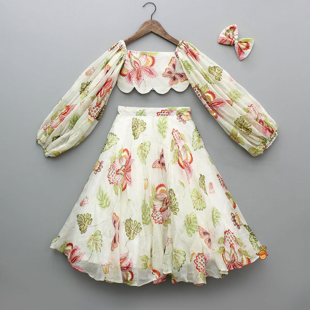 Beige Printed Embroidered Top And Umbrella Style Flared Lehenga With Matching Hairclip