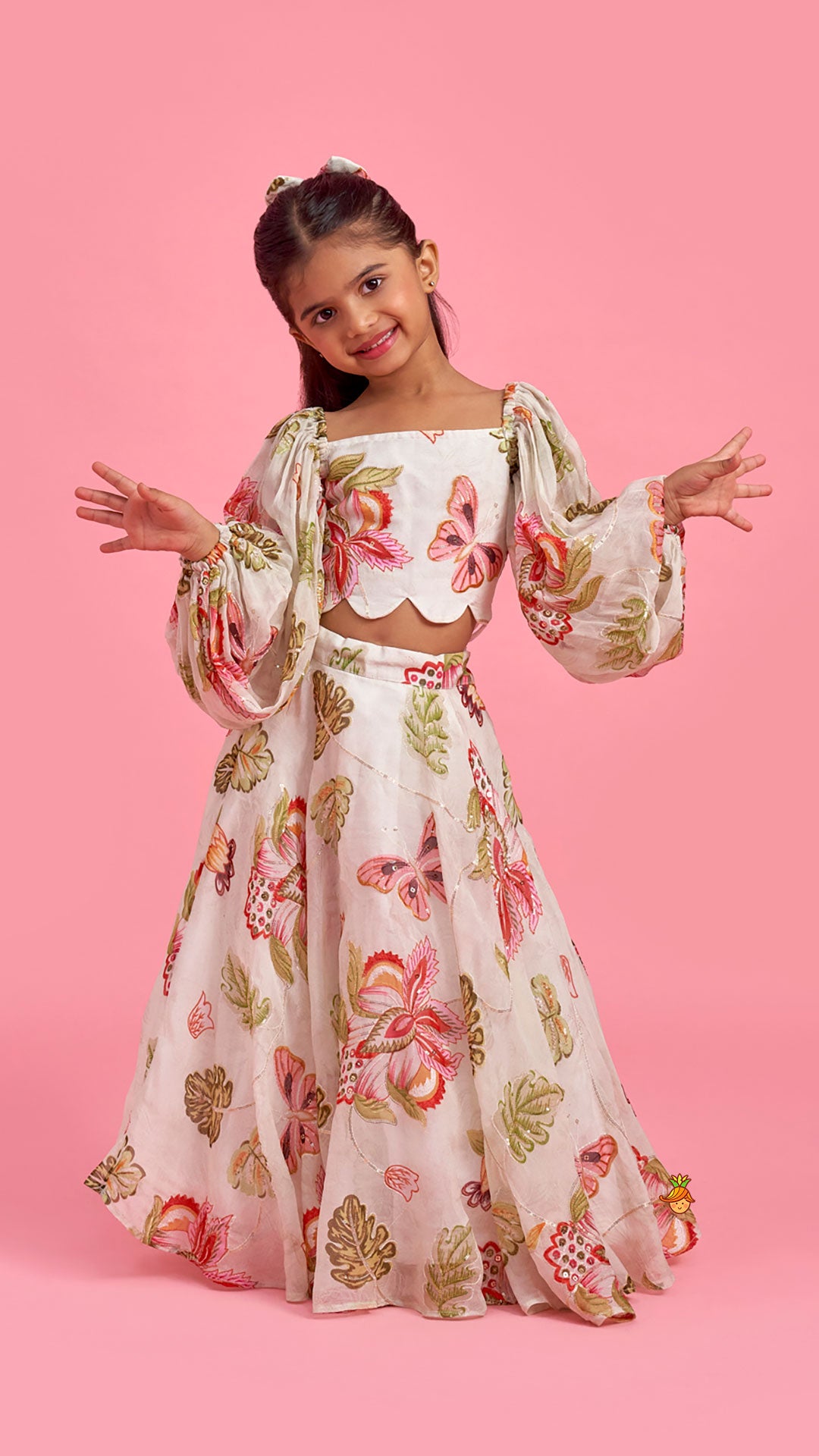 Beige Printed Embroidered Top And Umbrella Style Flared Lehenga With Matching Hairclip