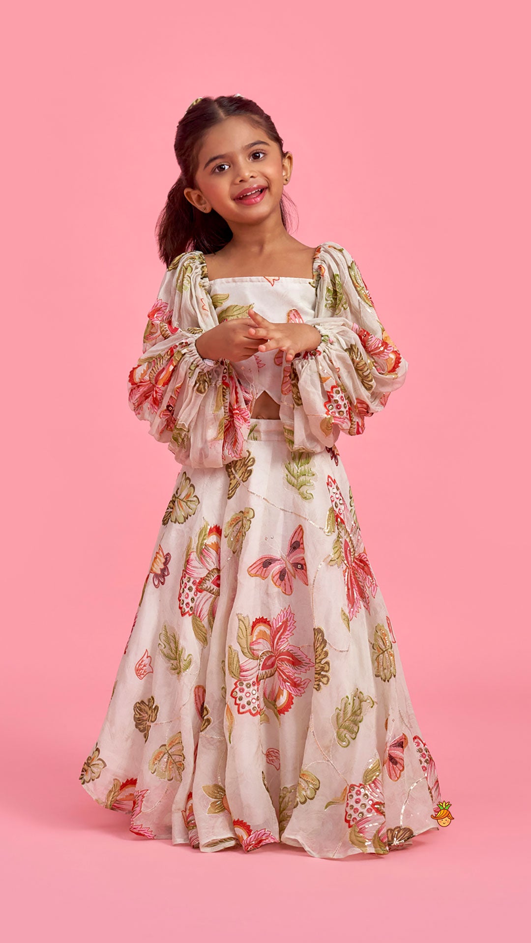 Beige Printed Embroidered Top And Umbrella Style Flared Lehenga With Matching Hairclip