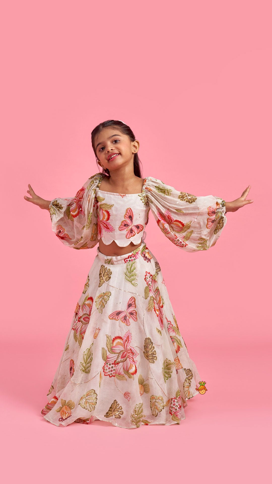 Beige Printed Embroidered Top And Umbrella Style Flared Lehenga With Matching Hairclip