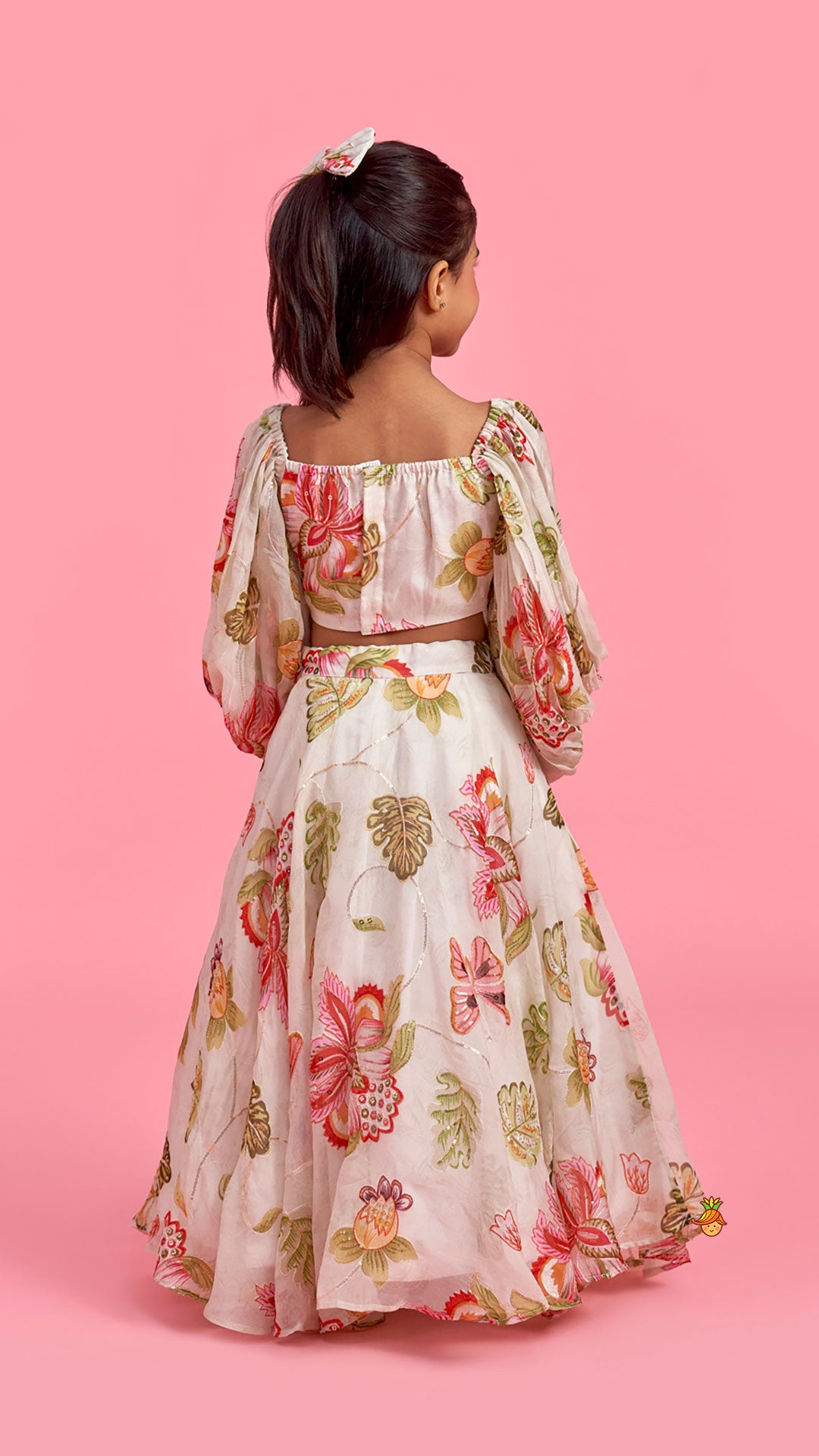 Beige Printed Embroidered Top And Umbrella Style Flared Lehenga With Matching Hairclip