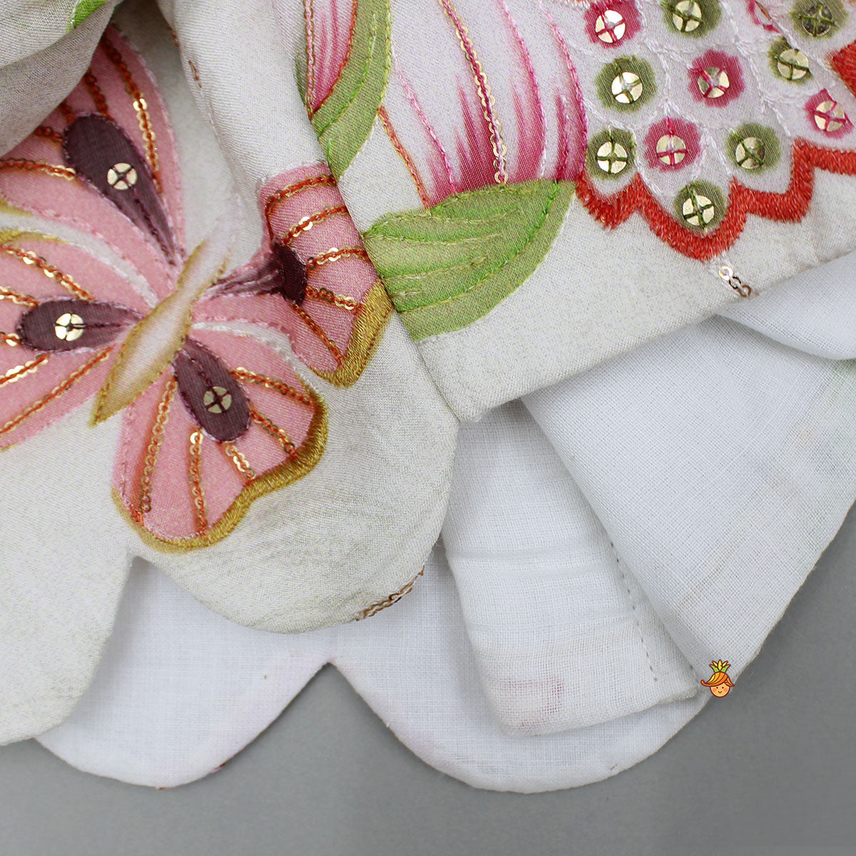 Beige Printed Embroidered Top And Umbrella Style Flared Lehenga With Matching Hairclip